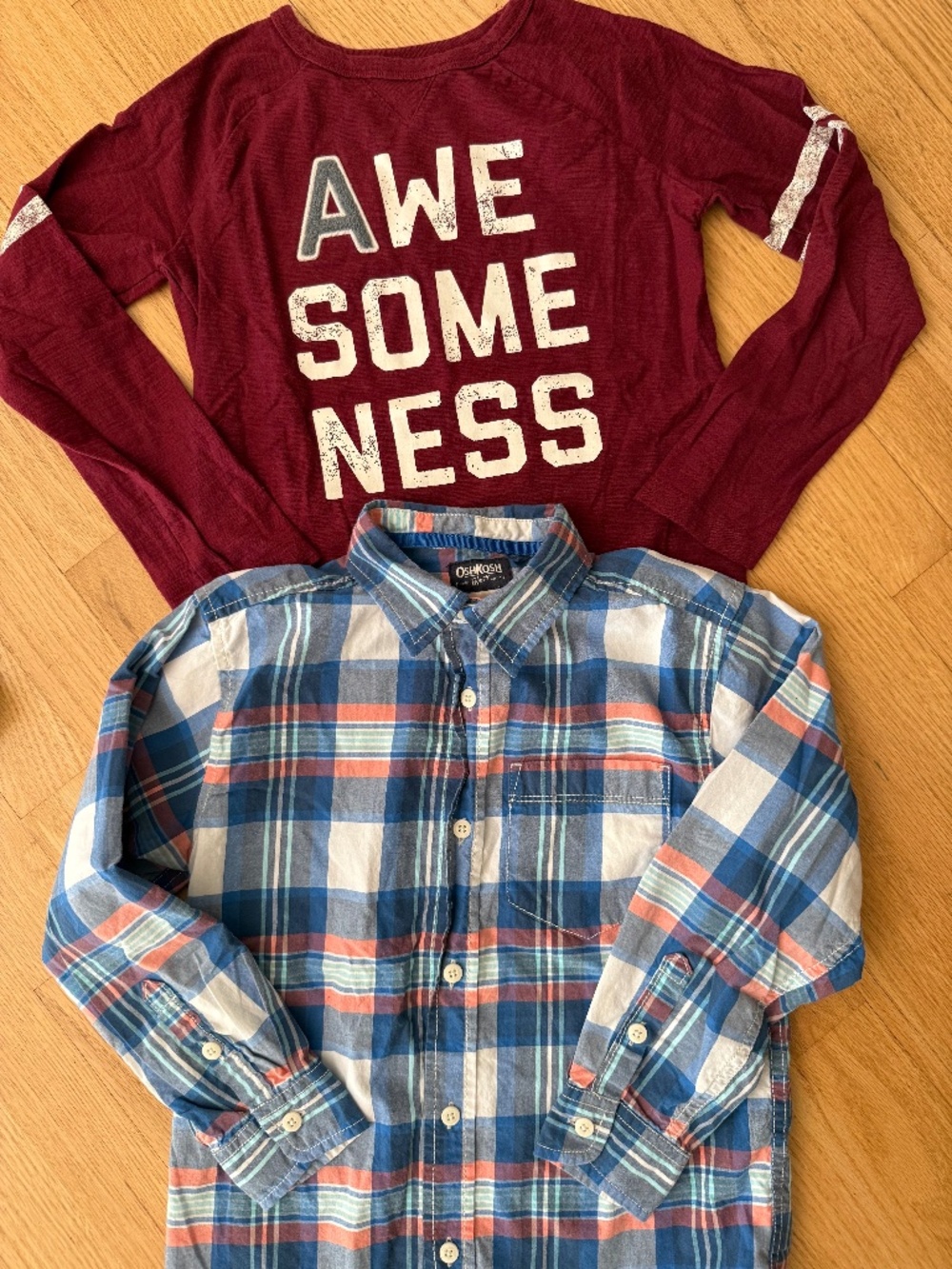 Boys Shirt Bundle Size 7/7X OshKosh Plaid Button Down + Awesomeness Long Sleeve